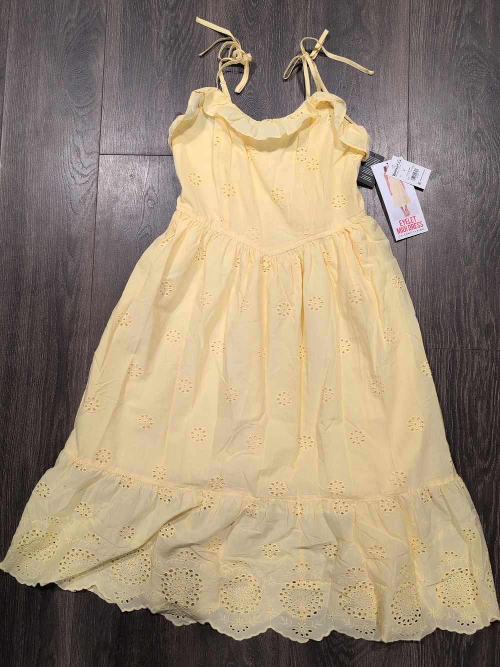 Celebrity Pink Women's Yellow Crochet Tie Strap Eyelet Midi Dress, Size S NWT
